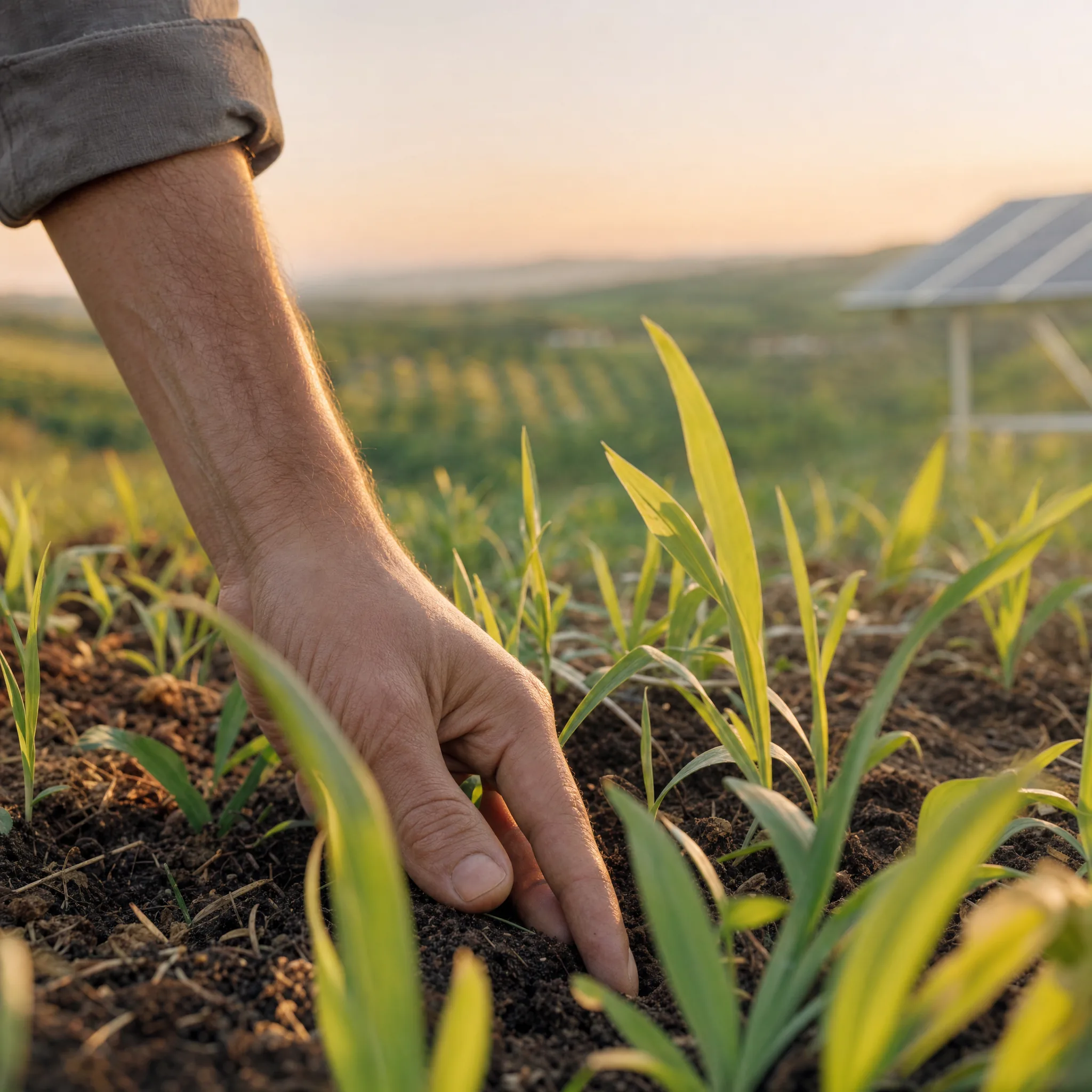 Hand eines Landwirts zwischen jungen Pflanzen unter einer Agri-PV-Anlage