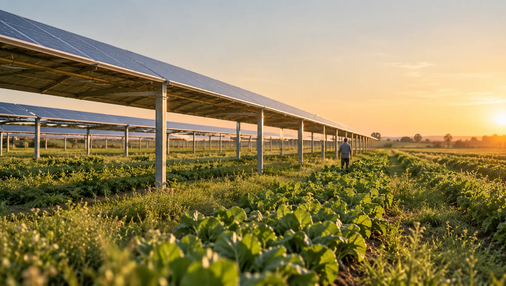 Agri-PV-Anlage über einem Gemüsefeld bei Sonnenuntergang